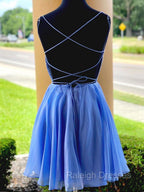 Blue Chiffon Beads Backless Short Prom Dress, Blue Homecoming Dress
