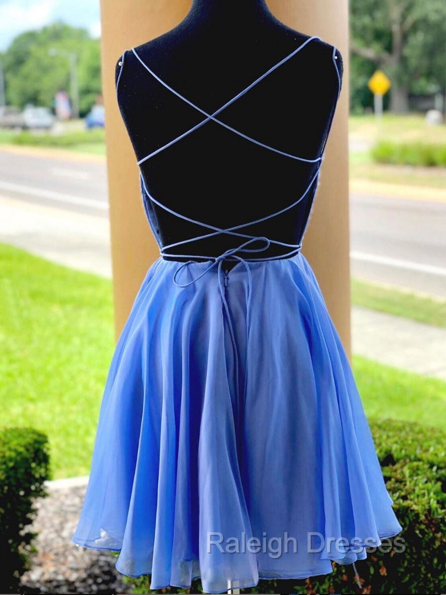 Blue Chiffon Beads Backless Short Prom Dress, Blue Homecoming Dress