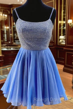 Blue Chiffon Beads Backless Short Prom Dress, Blue Homecoming Dress