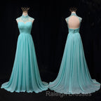 Blue Chiffon Lace And Beaded Cap Sleeves Prom Party Dress, A-Line Chiffon Formal Dress