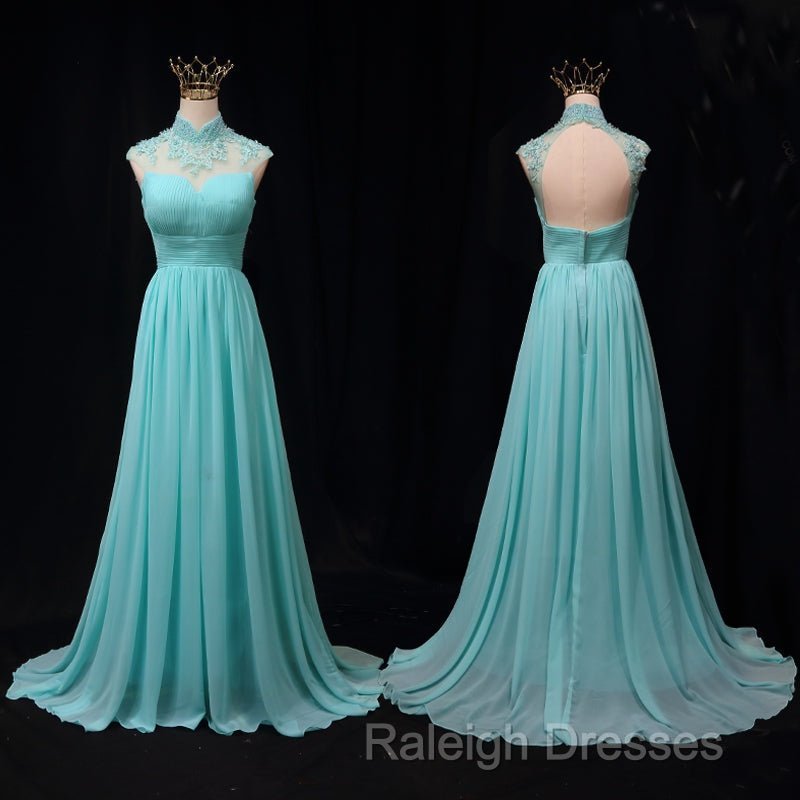 Blue Chiffon Lace And Beaded Cap Sleeves Prom Party Dress, A-Line Chiffon Formal Dress