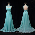 Blue Chiffon Lace And Beaded Cap Sleeves Prom Dresses A-Line Chiffon Prom Dresses