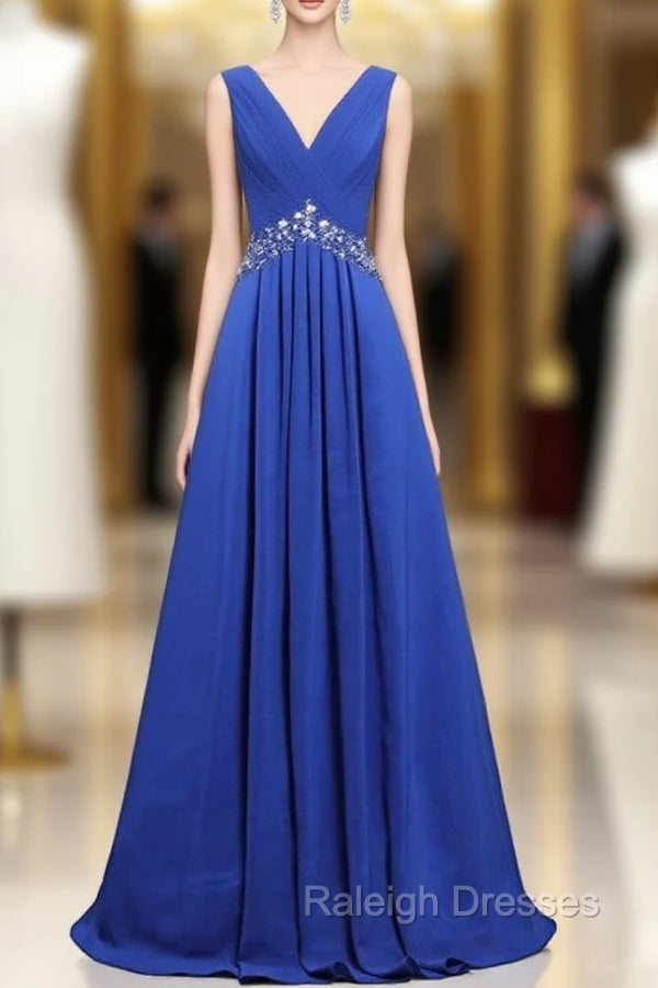Blue Chiffon V-neck Floor Length Bridesmaid Dress