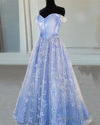 Blue Corset Butterfly Off Shoulder Prom Dress