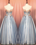 Blue Corset Long Satin Dresses With 3D Flowers