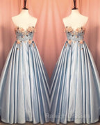Blue Corset Long Satin Dress With 3D Flowers