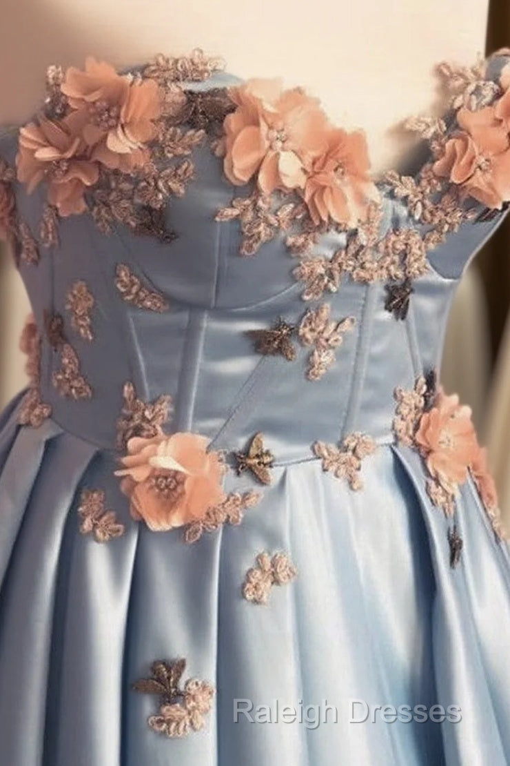 Blue Corset Long Satin Dresses With 3D Flowers Main image