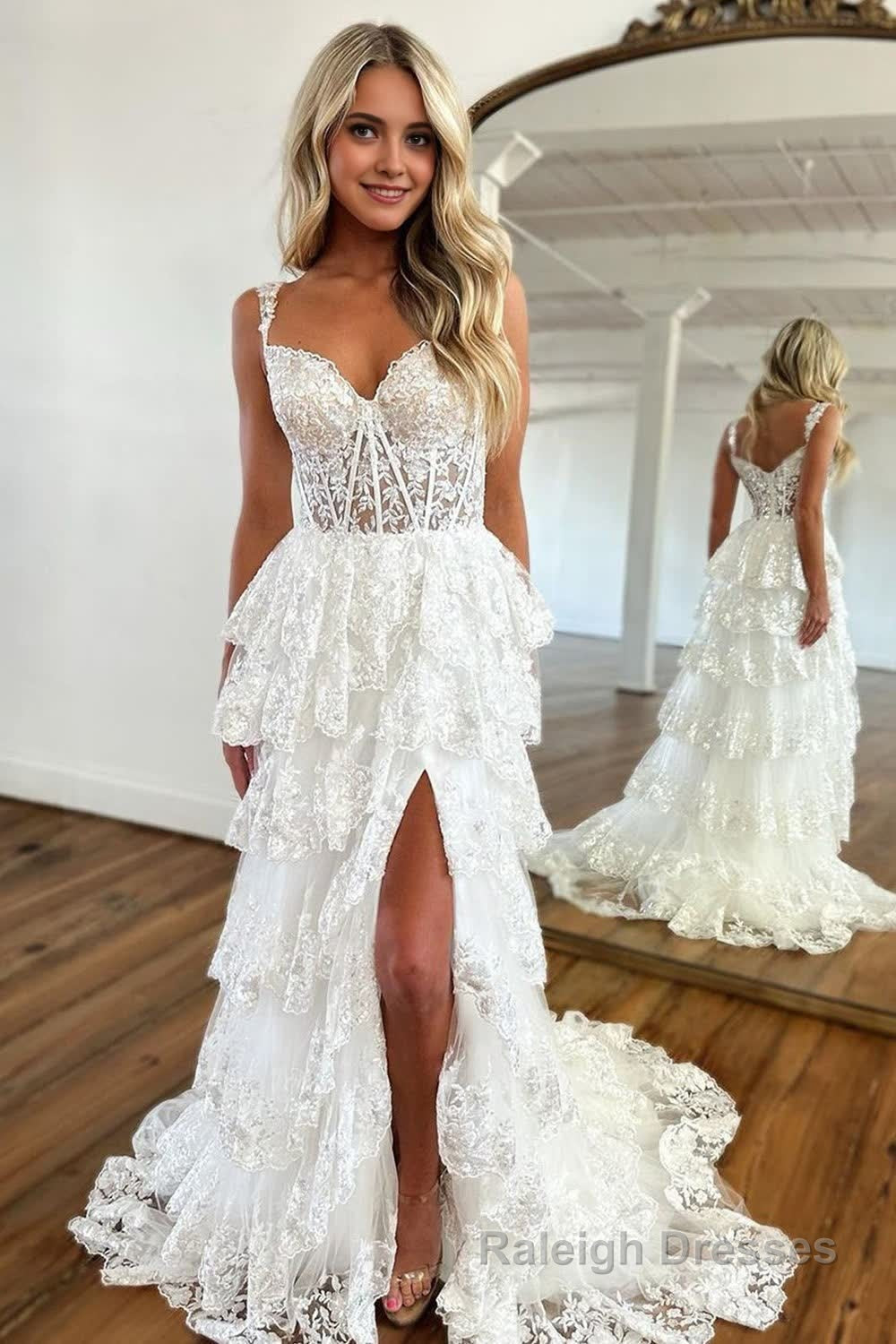 Blue Corset Tiered Lace Prom Dress with Slit