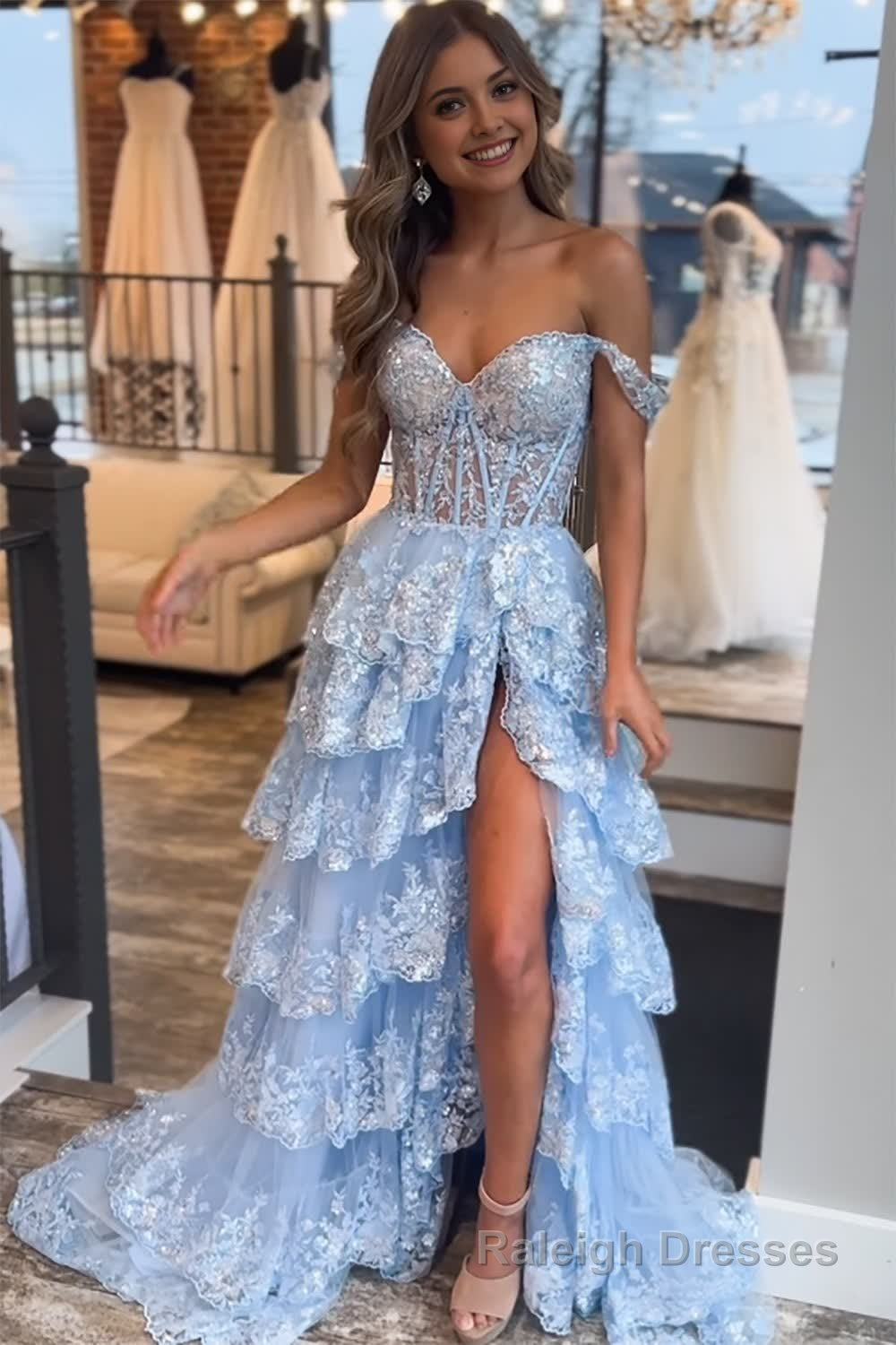 Blue Corset Tiered Lace Prom Dress with Slit Main image