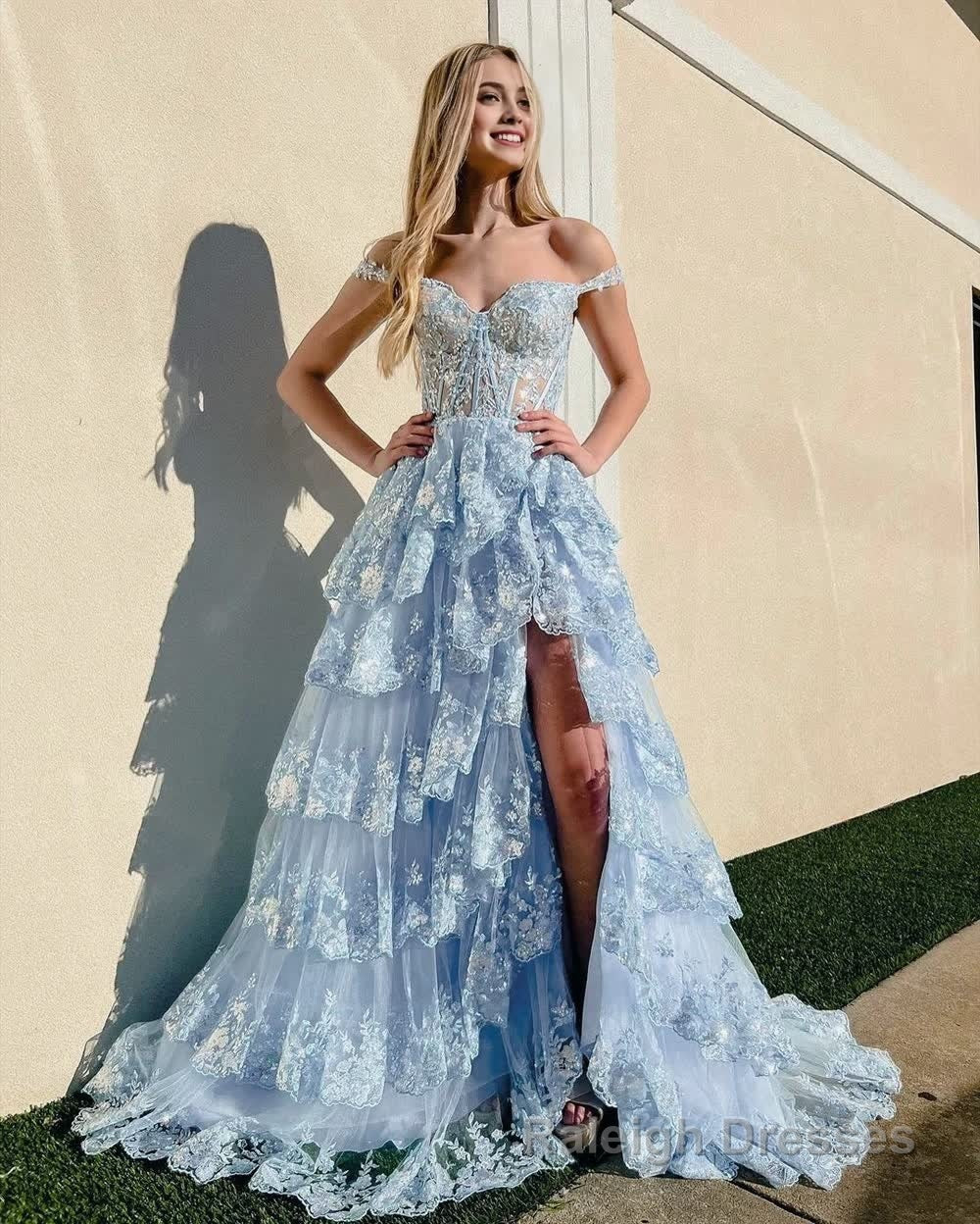 Blue Crystal Sequins Princess A Line Off the Shoulder Prom Dress with Lace Ruffles Main image