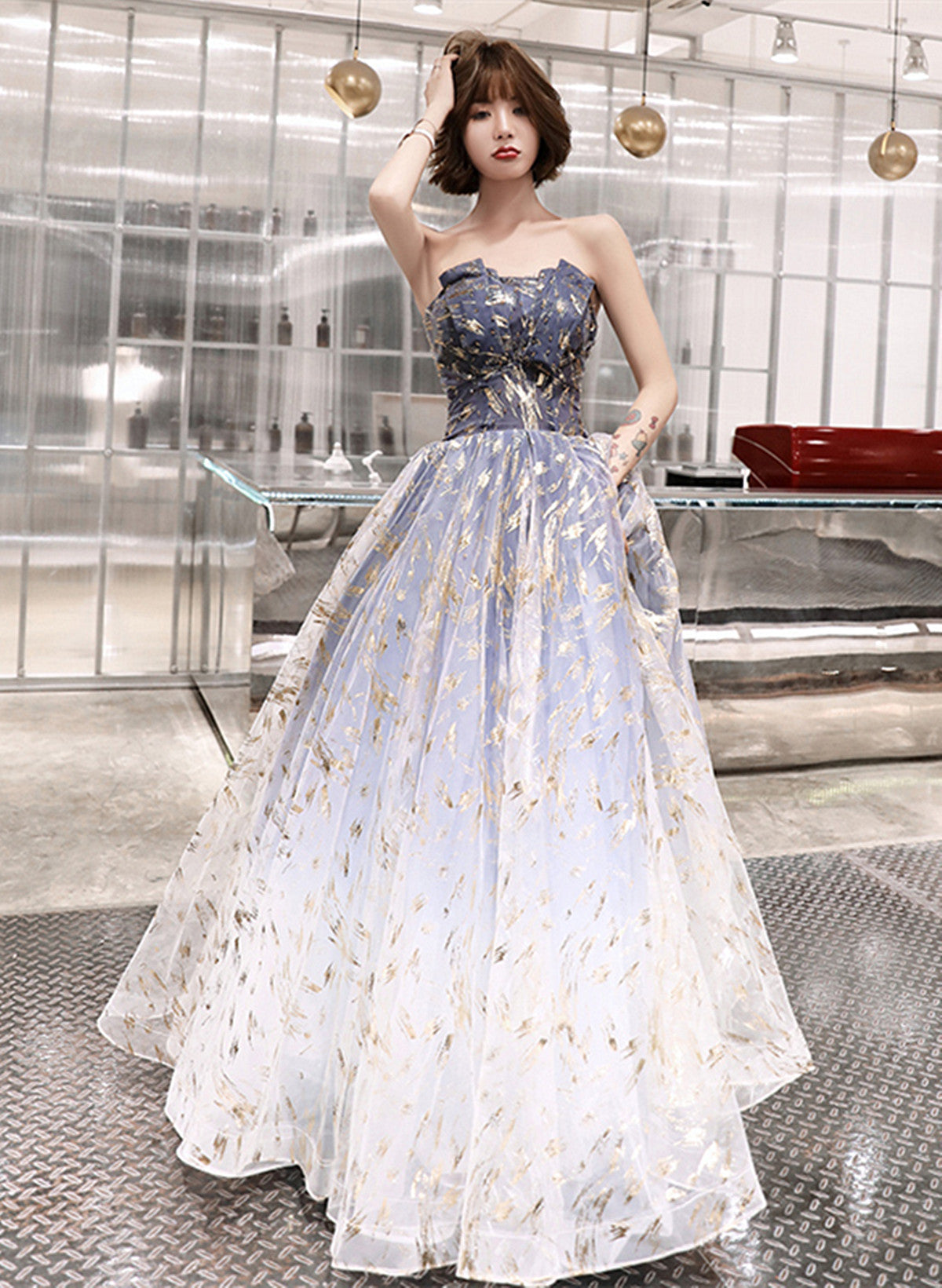 Blue Cute Tulle Gradient Long Party Dress, A-Line Blue Prom Dress Evening Dress Secondary image