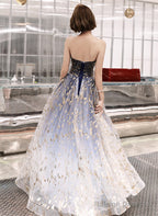Blue Cute Tulle Gradient Long Party Dress, A-Line Blue Prom Dress Evening Dress