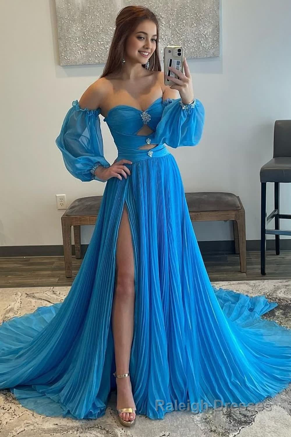 Blue Detachable Sleeves Cut-Out Long Prom Dress with Beading Main image