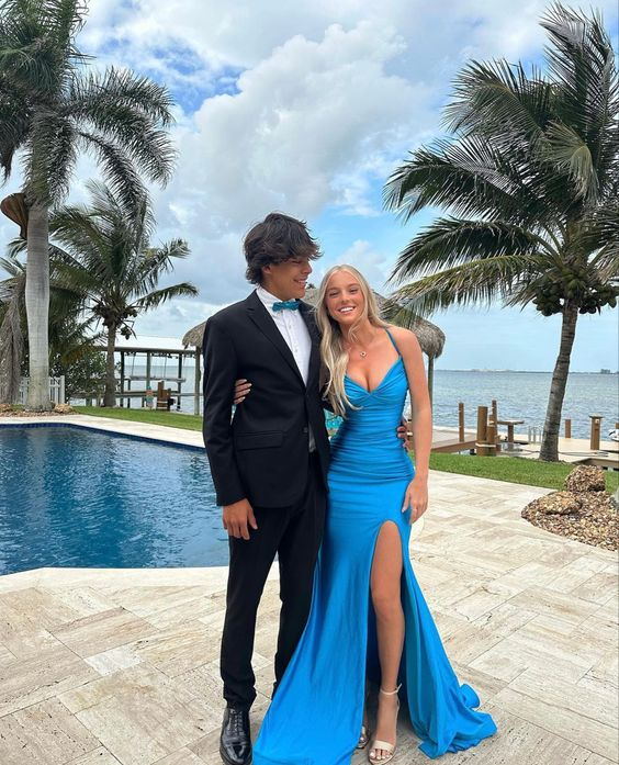 Blue Elegant Mermaid Slit Prom Dresses Long Prom Dresses Main image