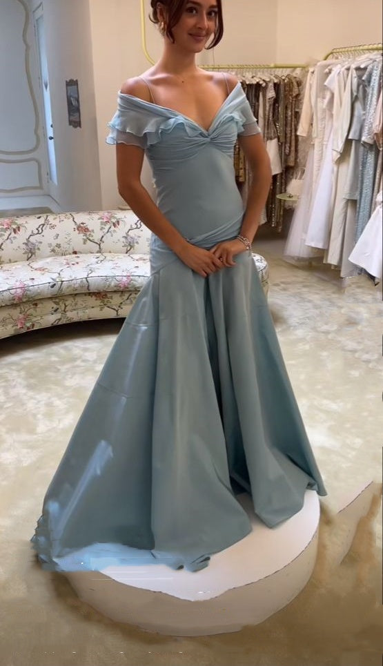Blue Elegant Simple Off Shoulder Long Satin Prom Dress Evening Dress Party Dress Birthday Dress Graduation Dress