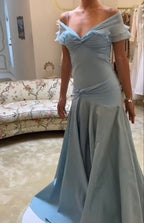 Blue Elegant Simple Off Shoulder Long Satin Prom Dress Evening Dress Party Dress Birthday Dress Graduation Dress
