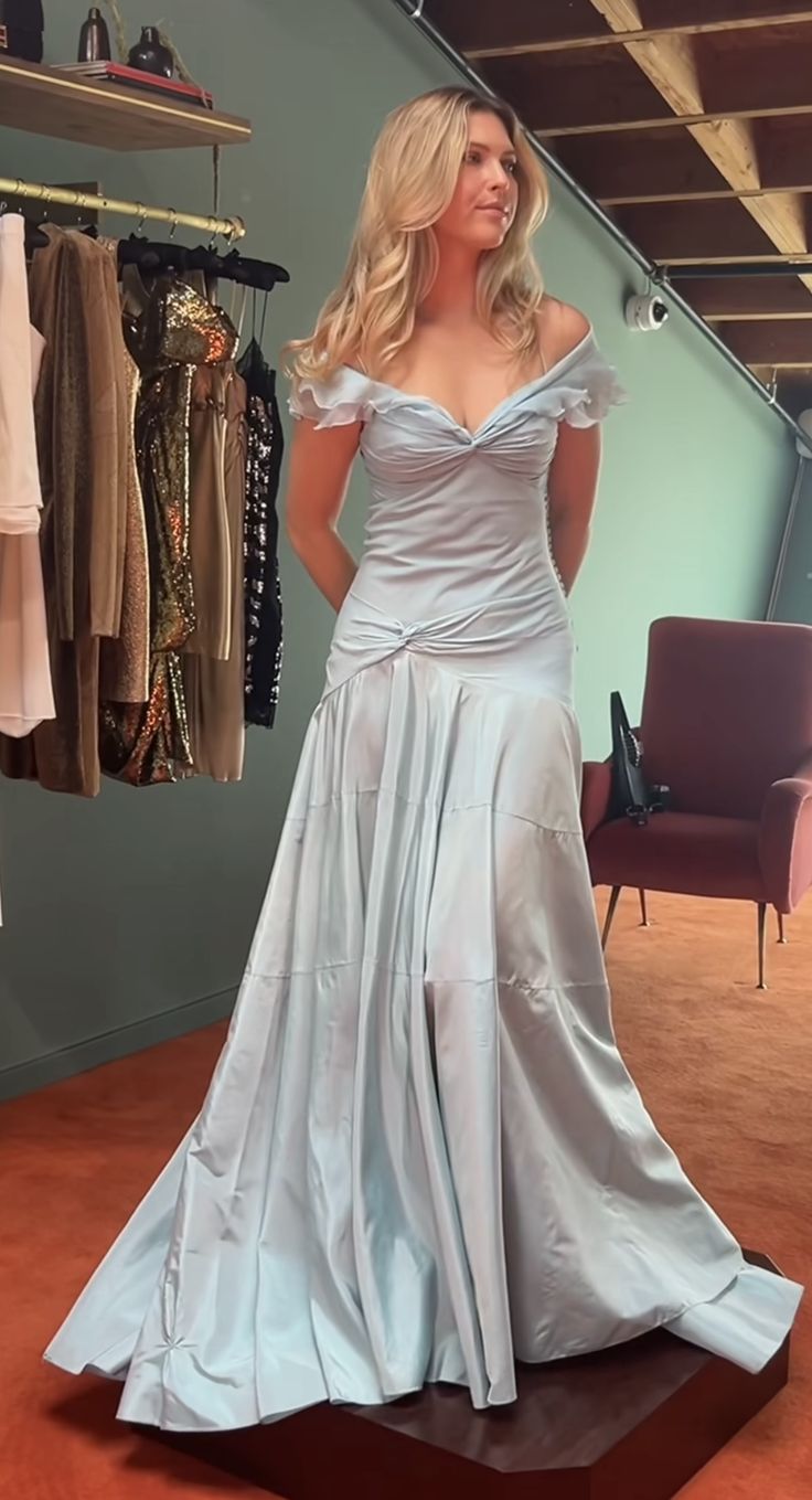 Blue Elegant Simple Off Shoulder Long Satin Prom Dress Evening Dress Party Dress Birthday Dress Graduation Dress Main image