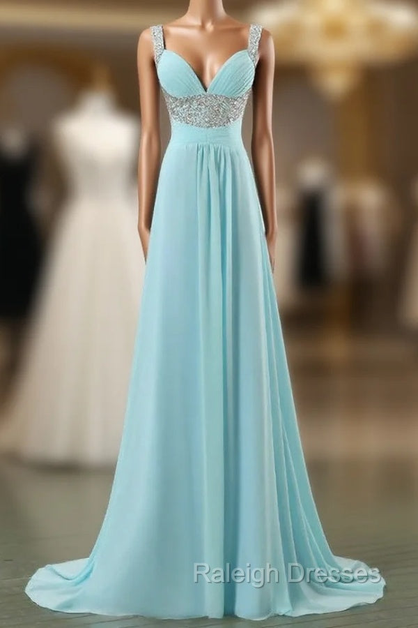 Blue Empire Spaghetti Straps Chiffon Backless Long Prom Dresses
