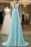 Blue Empire Spaghetti Straps Chiffon Backless Long Prom Dresses