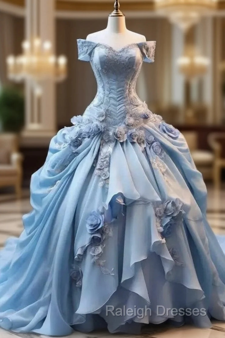 Blue Fairy 3D Floral Prom Dress Bustle Ruched Sweet 16 Ball Gown Quinceanera Dress Main image
