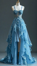 Blue Fairytale A-Line Hi-Lo Prom Dresses For Masquerade Tulle&Lace Applique Spaghetti Strap Prom Dresses
