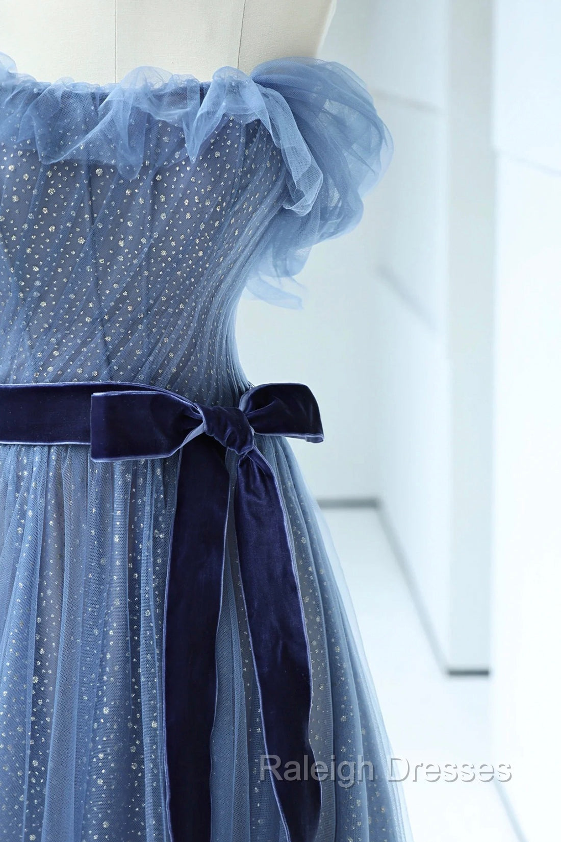 Blue Floor Length Prom Dress, A-line Strapless Tulle Evening Dress