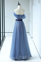 Blue Floor Length Prom Dress, A-line Strapless Tulle Evening Dress