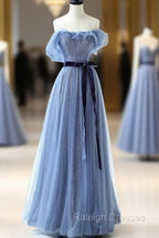 Blue Floor Length Prom Dress, A-line Strapless Tulle Evening Dress