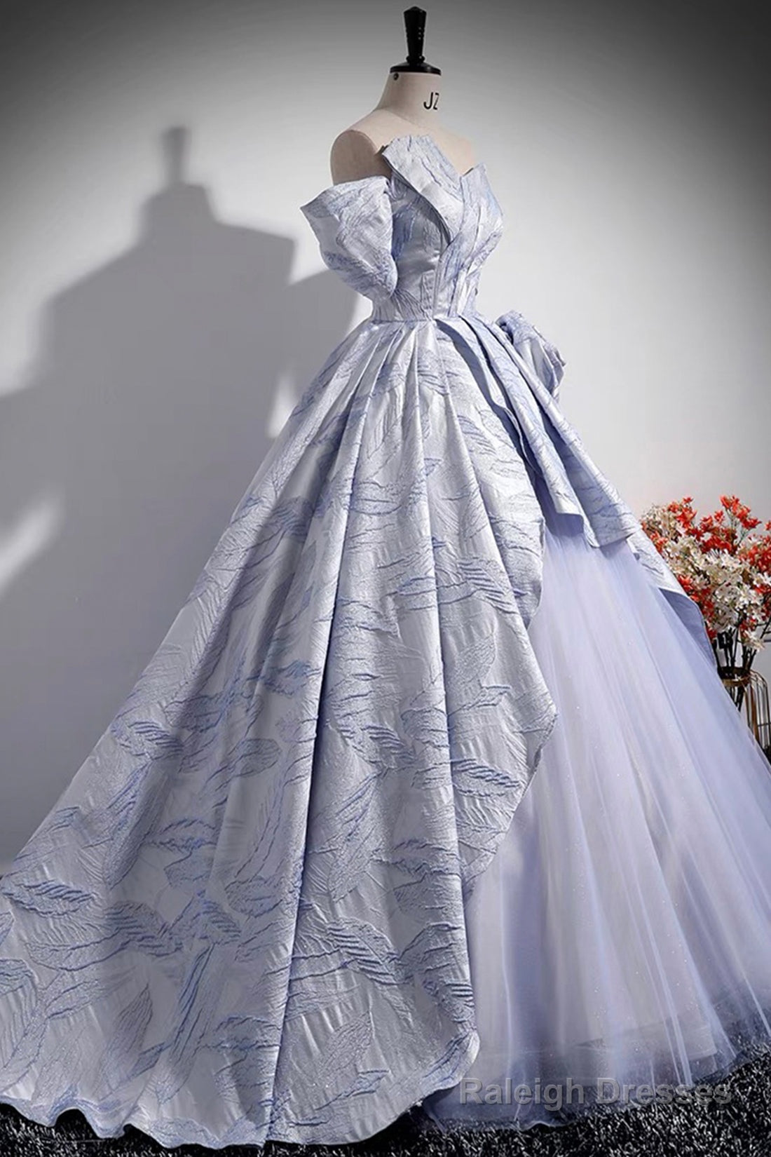 Blue Floor Length Tulle Prom Dress, Off The Shoulder A-Line Evening Party Dress