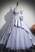 Blue Floor Length Tulle Prom Dress, Off The Shoulder A-Line Evening Party Dress