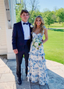 Blue Floral A-Line Layered Prom Dresses Long Sweet Prom Dresses