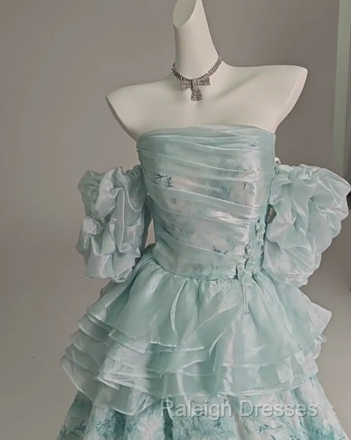 Blue Floral A-Line Strapless Organza Long Prom Dress Graduation Prom Dress Secondary image