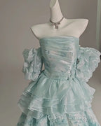 Blue Floral A-Line Strapless Organza Long Prom Dress Graduation Prom Dress