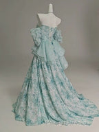 Blue Floral A-Line Strapless Organza Long Prom Dress Graduation Prom Dress