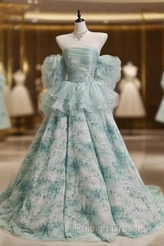 Blue Floral A-Line Strapless Organza Long Prom Dress Graduation Prom Dress Main image