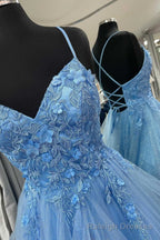 Blue Floral Appliques Lace-Up Tiered A Line Prom Dress Holiday Dresses