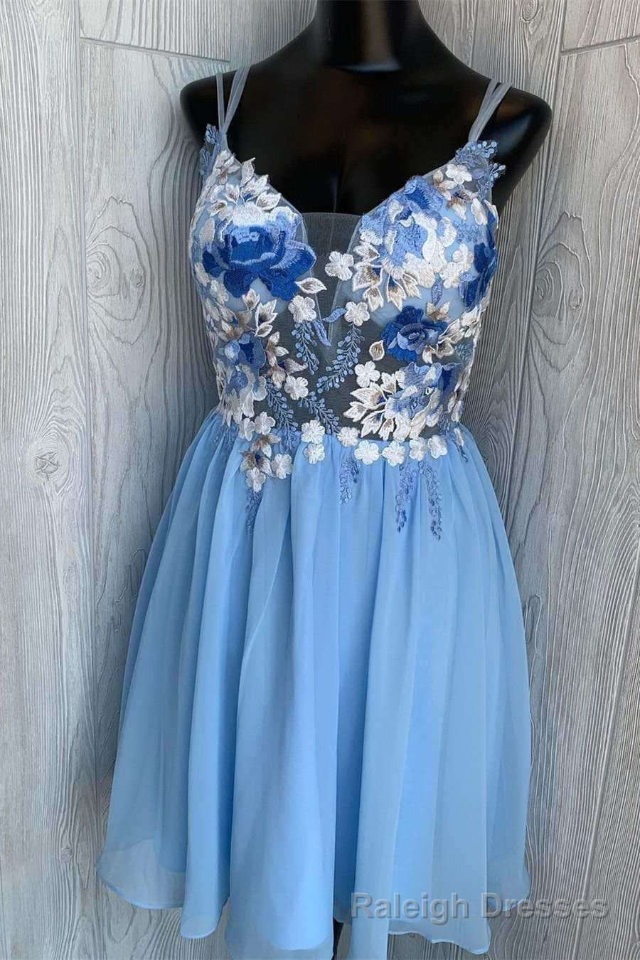 Blue Floral Embroidered A Line Short Homecoming Dresses Main image