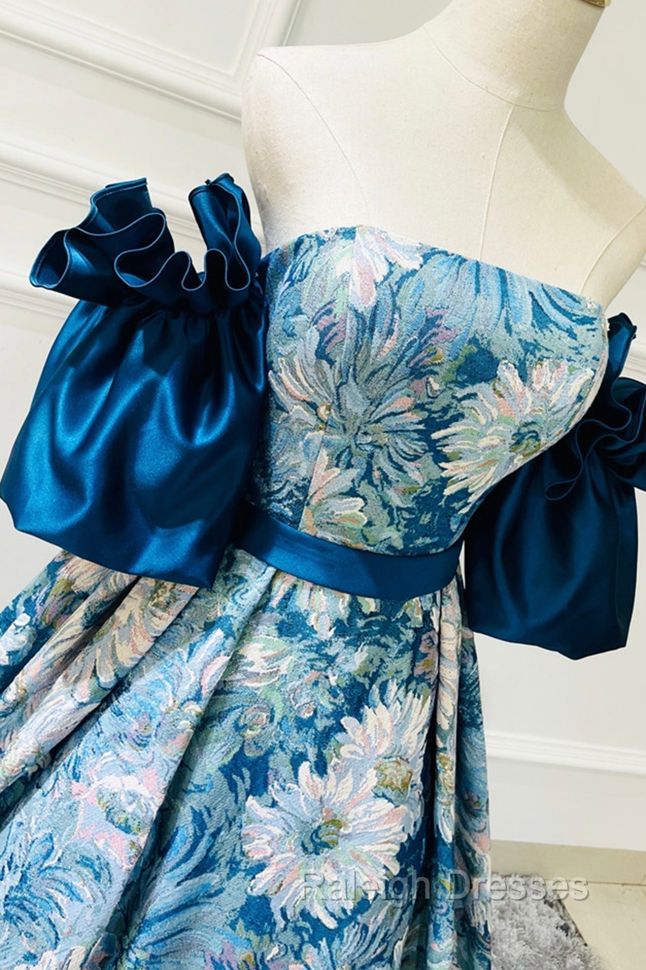 Blue Floral Pattern Long Senior Prom Dress, Off the Shoulder Evening Party Dress Secondary image