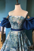 Blue Floral Pattern Long Senior Prom Dress, Off the Shoulder Evening Party Dress
