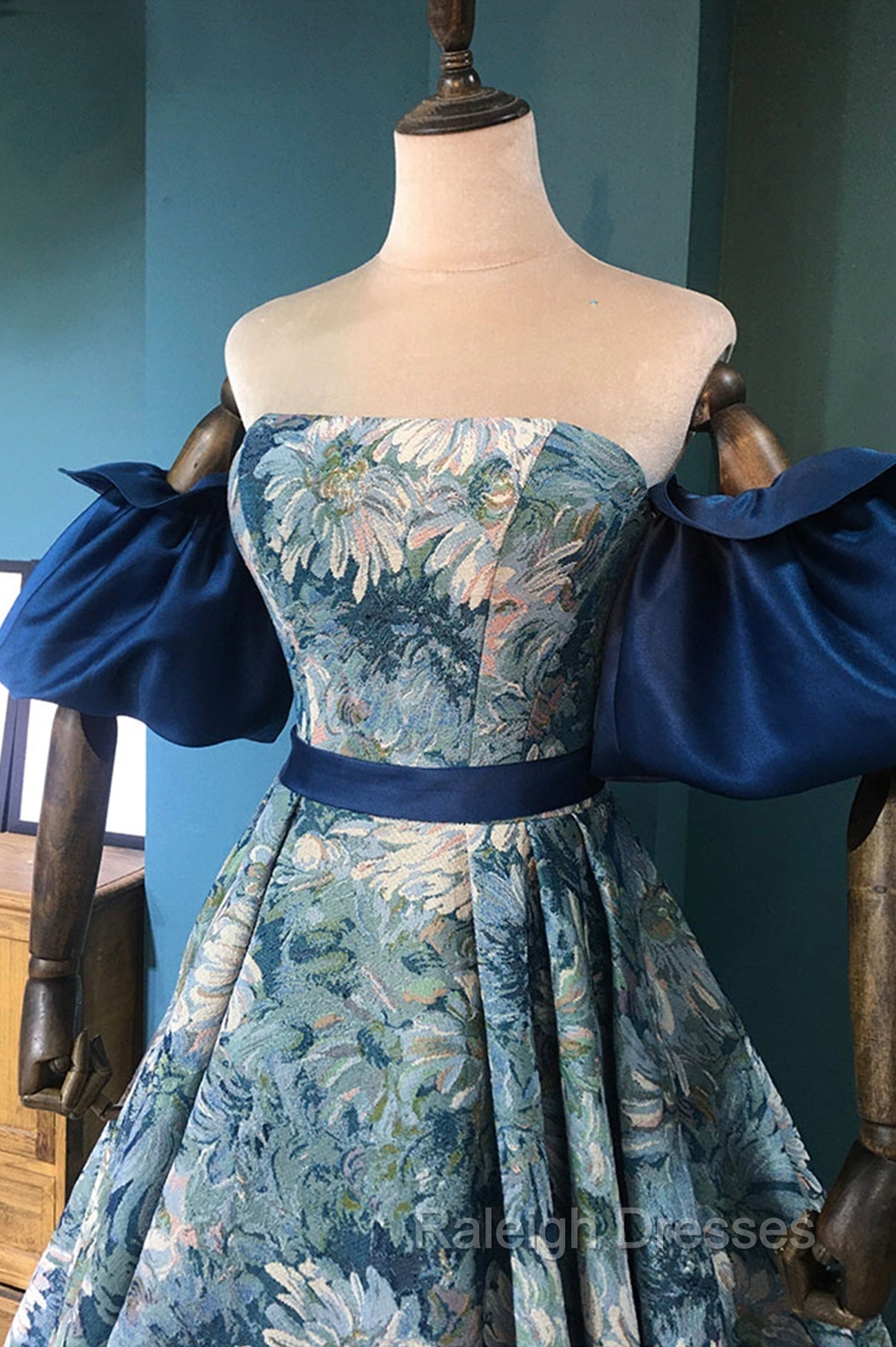 Blue Floral Pattern Long Senior Prom Dress, Off the Shoulder Evening Party Dress