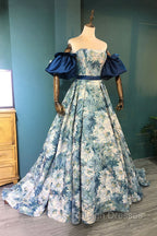 Blue Floral Pattern Long Senior Prom Dress, Off the Shoulder Prom Prom Dress