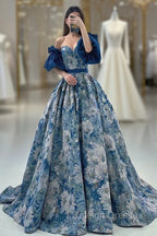 Blue Floral Pattern Long Senior Prom Dress, Off the Shoulder Evening Party Dress