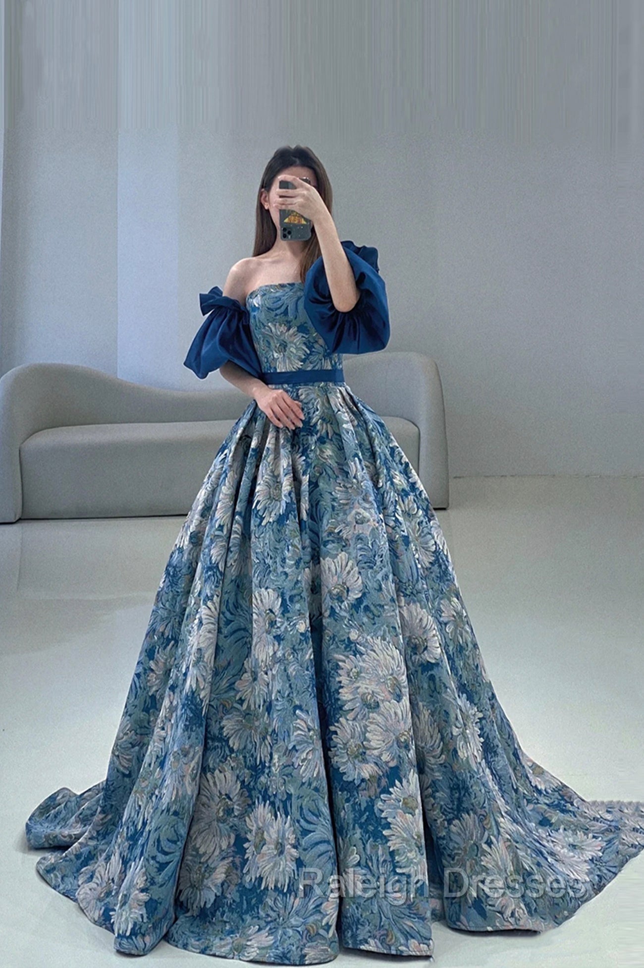 Blue Floral Pattern Long Senior Prom Dress, Off the Shoulder Prom Prom Dress