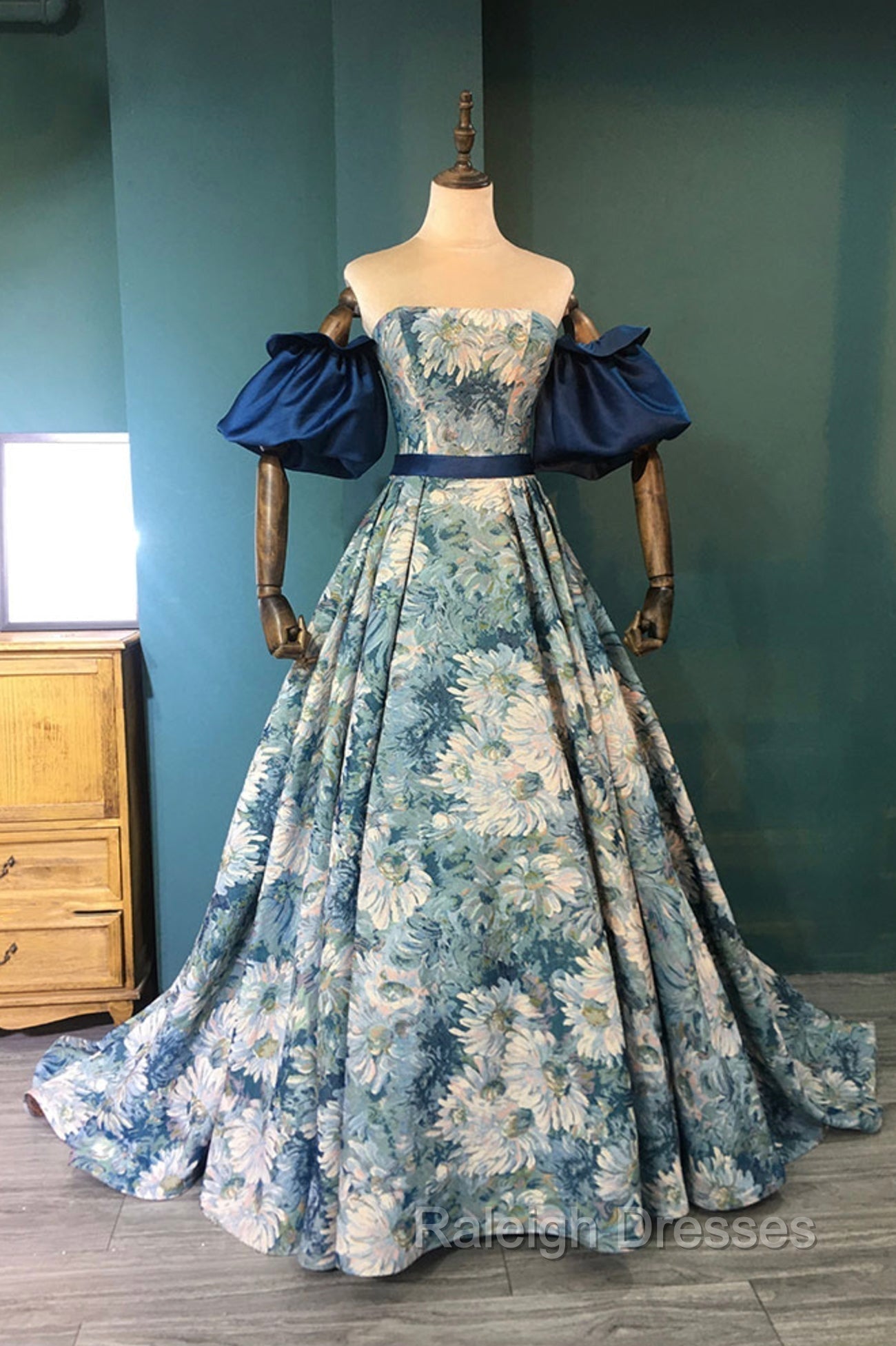 Blue Floral Pattern Long Senior Prom Dress, Off the Shoulder Evening Party Dress Main image