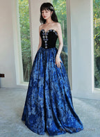 Blue Floral Satin Sweetheart Floor Length Party Dress, Blue Satin Evening Dress Prom Dress