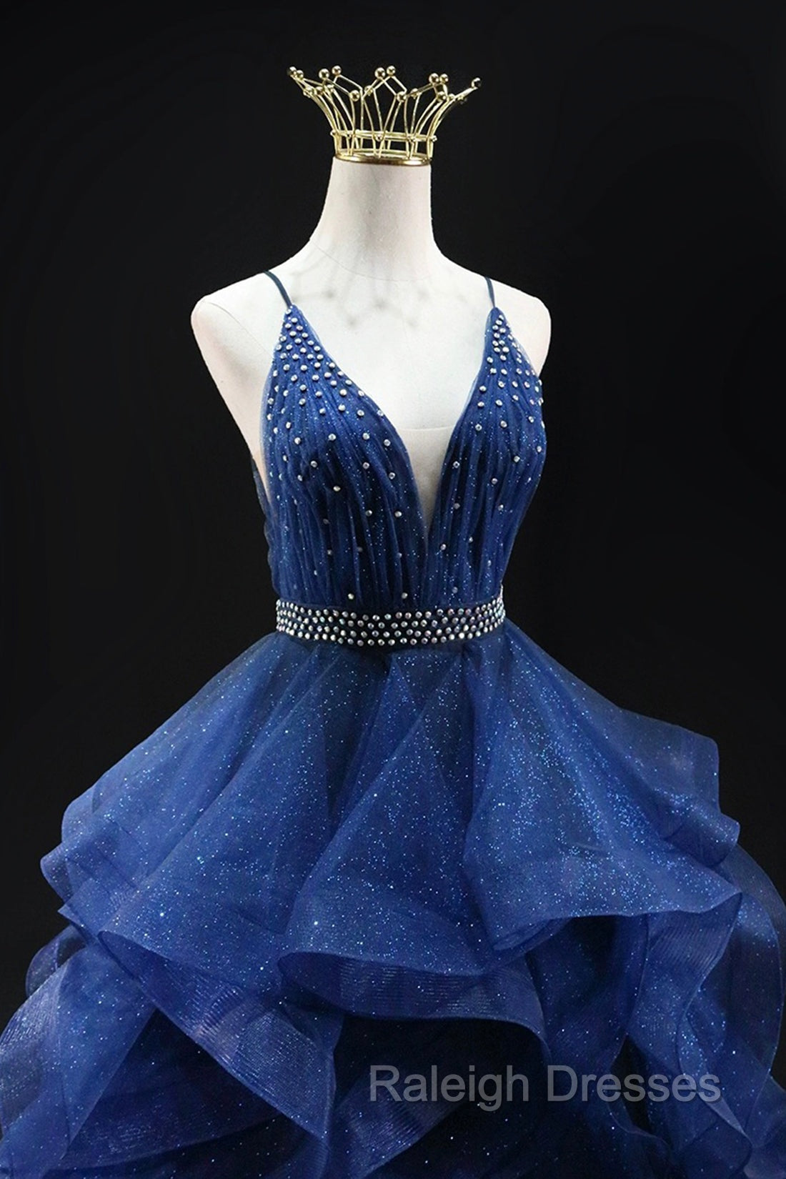 Blue Glitter Tulle Long A-Line Prom Dress, V-Neck Spaghetti Strap Backless Evening Party Dress Secondary image