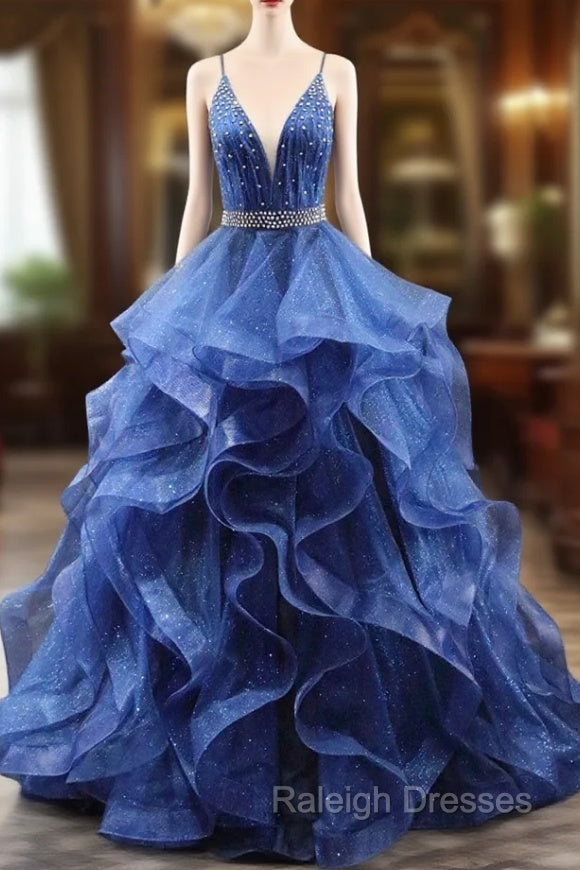 Blue Glitter Tulle Long A-Line Prom Dress, V-Neck Spaghetti Strap Backless Evening Party Dress Main image