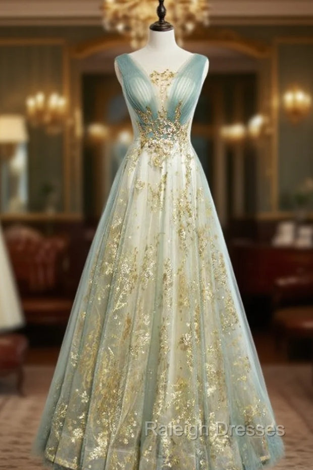 Blue Gold Tulle Sequins V-neck Pleats Prom Dress Main image
