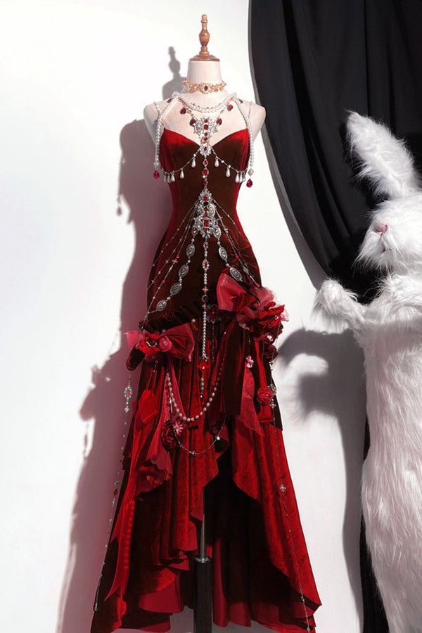 Blue/Burgundy Gorgeous Elegant Delicate Beaded Spaghetti Strap Long Ruffled Velvet Ball Gown Evening Gown Party Dress Secondary image