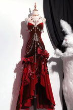 Blue/Burgundy Gorgeous Elegant Delicate Beaded Spaghetti Strap Long Ruffled Velvet Ball Gown Evening Gown Party Dress